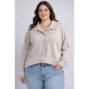 JoyLab Ivory Cotton Blend Shacket Sweatshirt Jacket Oversized Button Front XXL